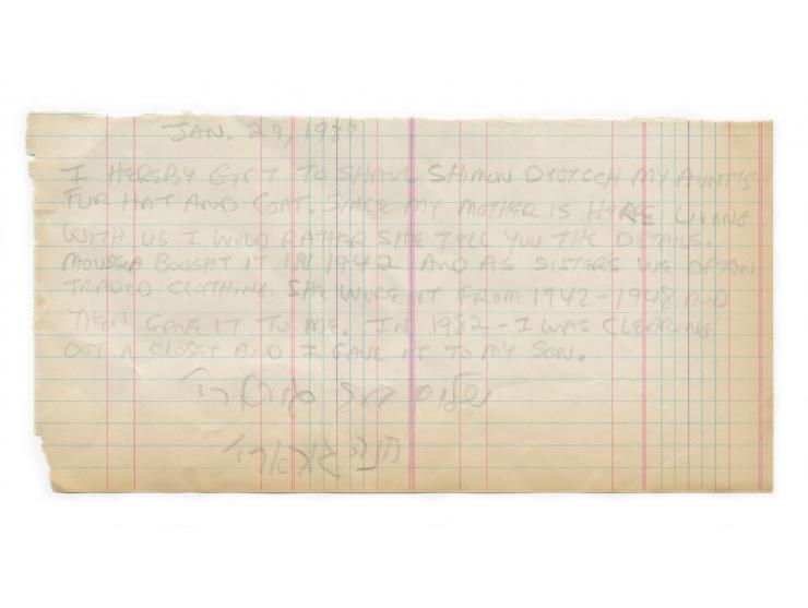 Long Fur Coat of Rebbetzin Chaya Mushka Schneersohn, daughter of Rebbe Rayatz and Wife of the Lubavitcher Rebbe – With a Letter of Authenticity Signed by Her Sister Rebbetzin Chanah Gurary and Her Son Shalom Ber (Barry) Gurary