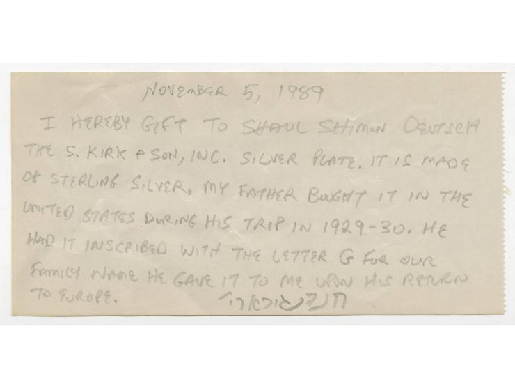 Silver Plate Gifted by Rebbe Rayatz to His Daughter Rebbetzin Chanah Gurary Upon His Return from the United States in 1930 – With Letter of Authenticity Signed by Rebbetzin Chanah Gurary